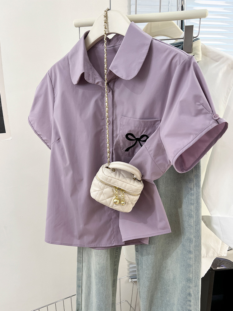 Camisa de manga curta feminina, arco doce coreano, blusa versátil fofa, blusa casual na moda, primavera e verão, nova