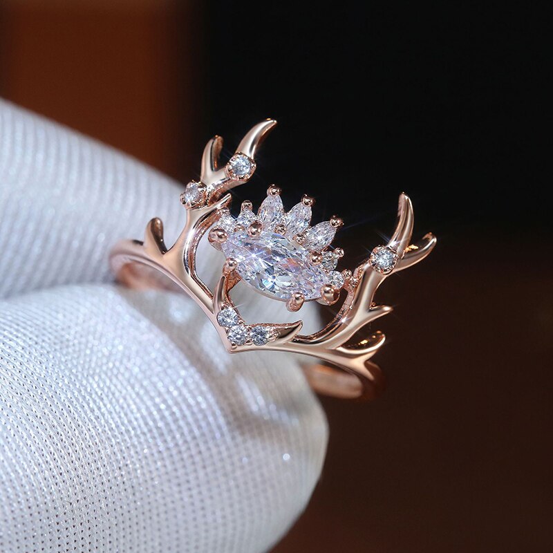 Bagues de luxe en or rose avec corne de cerf pour femme, bijoux de fiançailles, de mariage, de noël, avec incrustations de cristal de zircone blanche