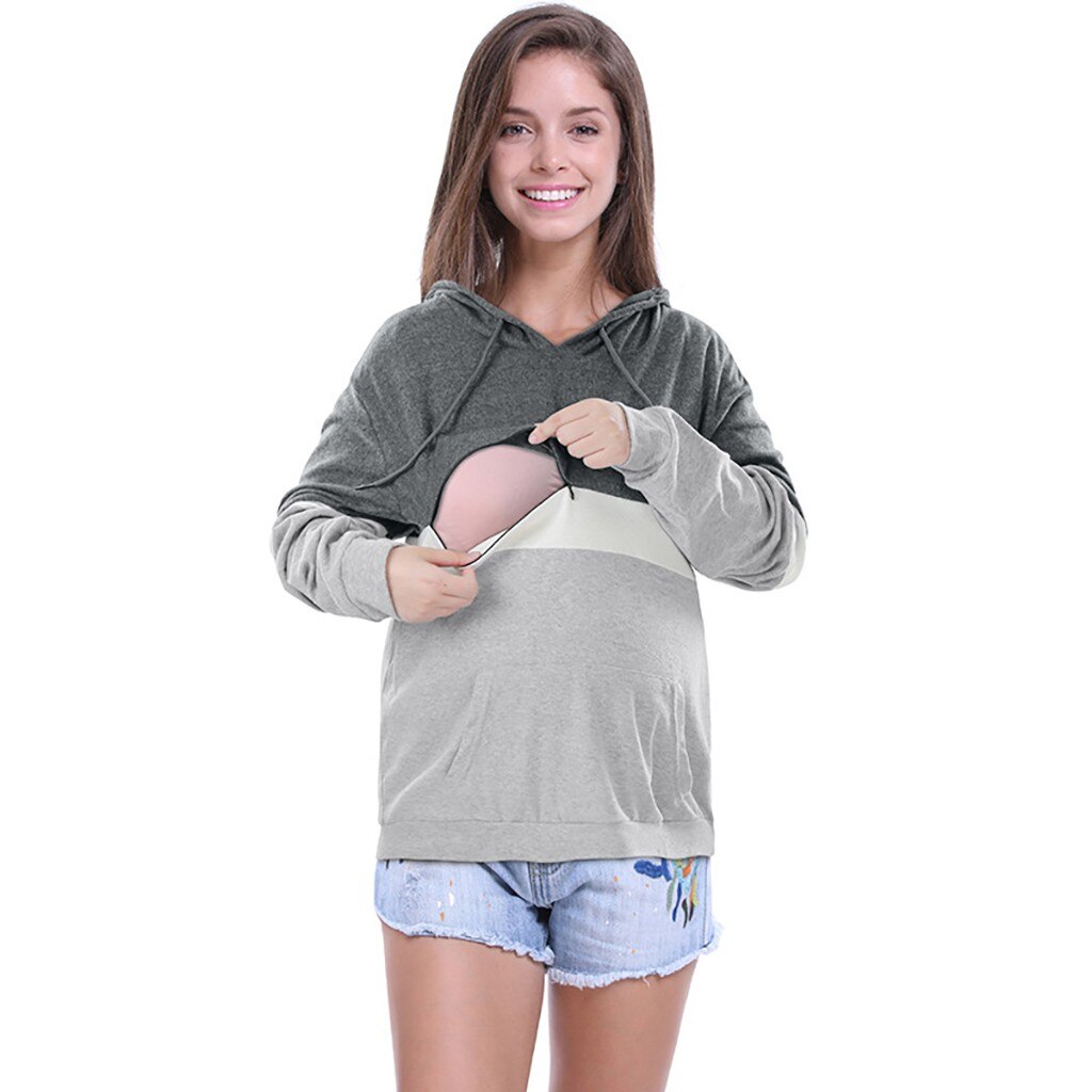 Maternity Blouses And Tops Pregnant Nursing Clothes Winter Breastfeeding Hooded Cotton Nursing Pullover Sweatshirt Y1031: GY / M