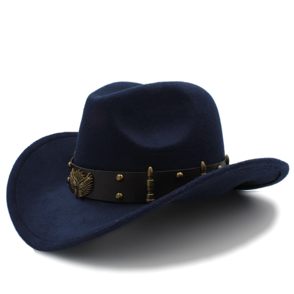 Wome Sombrero de lana negro Sombrero de Cowboy del oeste Jazz Sombrero de Hombre señora sombreros de vaquera tamaño 56-58 cm: Dark Blue