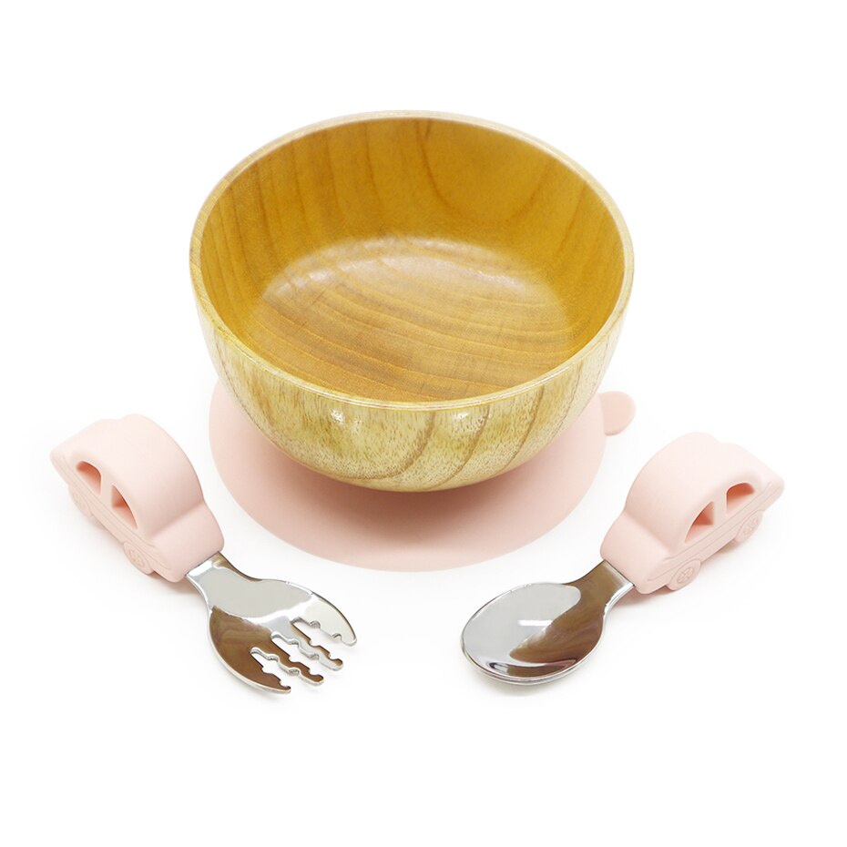 Baby matskål trä sugskål silikon sugkopp baby tallrik matsked gaffel barn porslin fat baby skål: Kött 3pc set