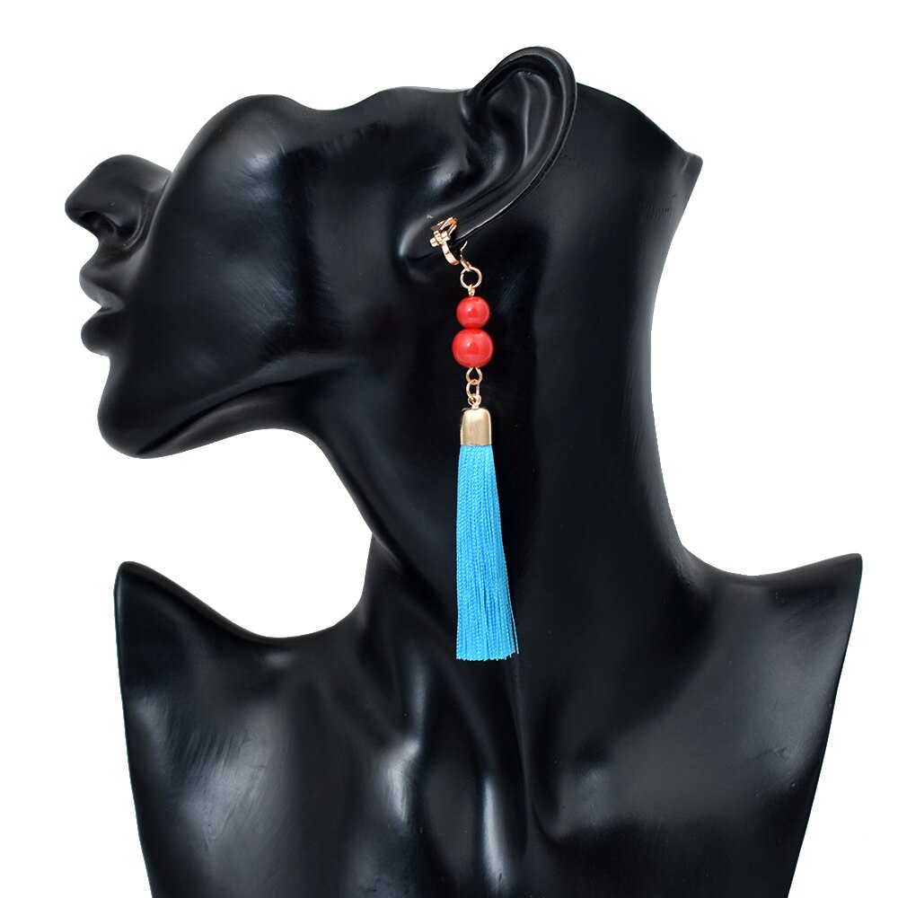 Non Pierced Cotton Silk Tassel Earrings Ear Cuff Earring Bohemia Long Ear Clip Earing Indian Ethnic Jewelry joyas: blue earing