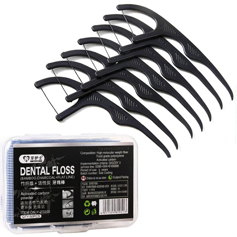 50 Stks/set Bamboe Dental Floss Tanden Stok Tand Picks Rager Wit/Zwarte Tanden Schone Tandenstoker Flosser Met Doos
