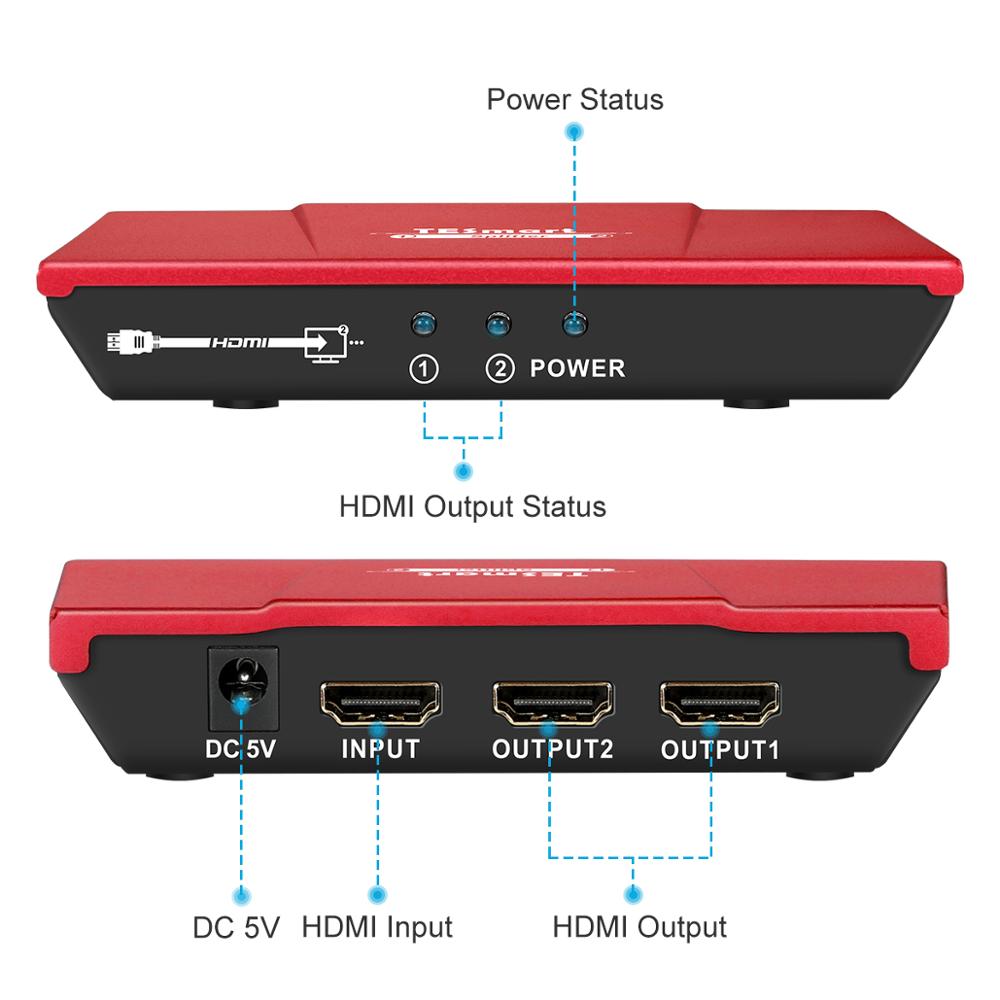 TESmart Mini 2 Port HDMI 1x2 Powered Amplifier Splitter Dual Display with Full HD 4K,1080P, 3D,HDCP, Deep Color,Red