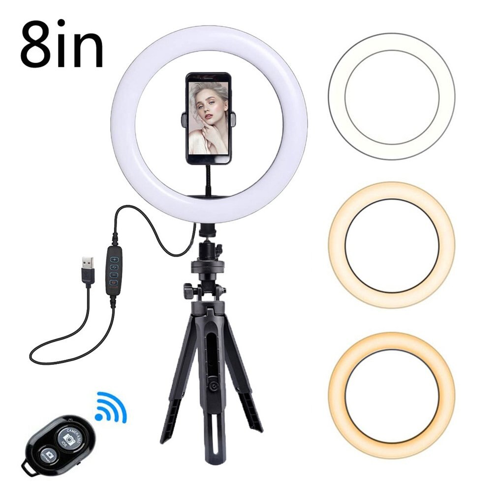 Dimbare led-ringlamp met statief, handige live-invullamp, mobiele telefoonbeugel, 8 inch universeel