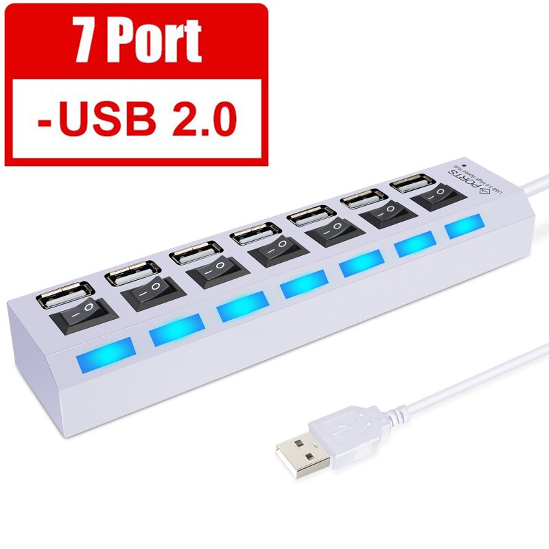 Multi Usb Hub 2.0 Mini Hub Usb Splitter 4/7 Usb-poorten Met Aan/Uit Schakelaar Hab Ondersteuning Power Hoge speed Pc Computer Accessoires: White 7 Ports