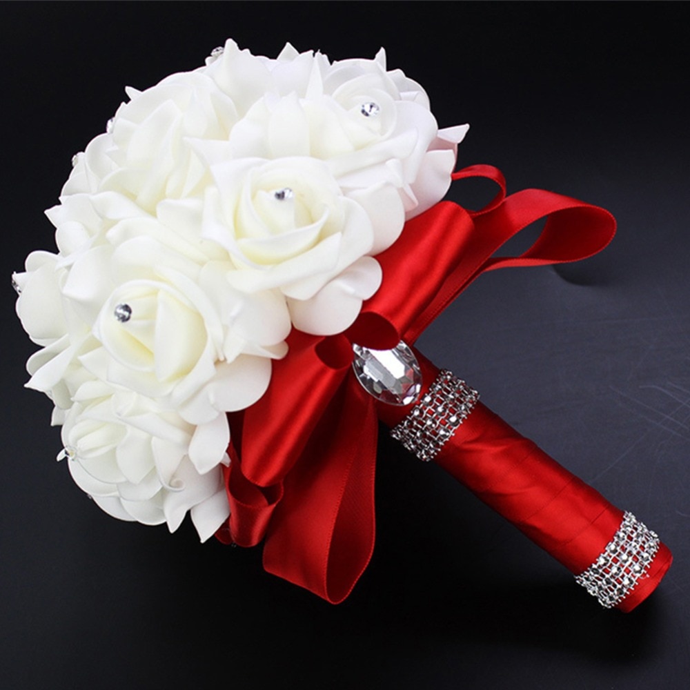 2022 Handmade Tiffany blue Bridal Bridesmaid Flower Wedding Bouquet Artificial Rose Ribbon Crystal Bouquets de noiva Beau