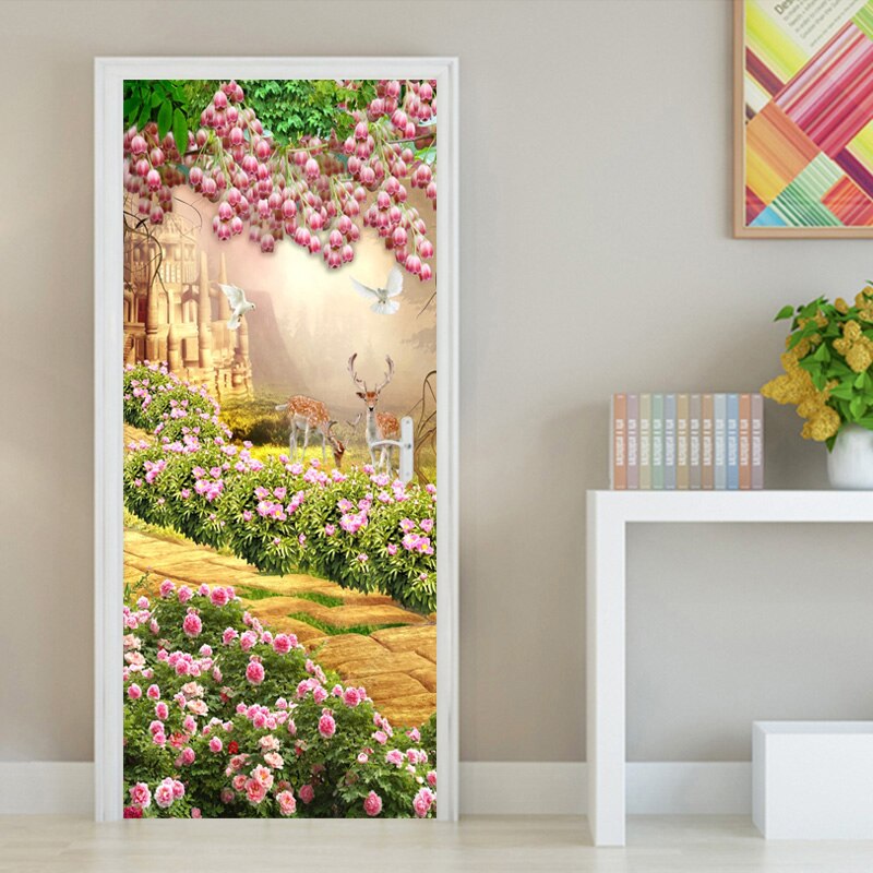 Self-Adhesive Wallpaper 3D Tulip Flowers Forest Landscape Animal Door Sticker Living Room Bedroom Waterproof Door Decal Stickers