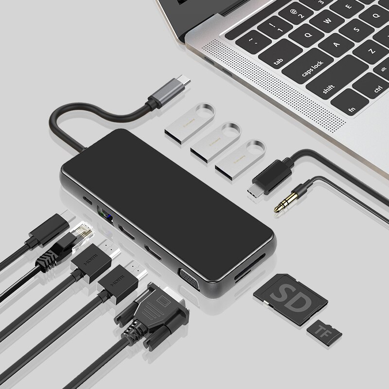 Estação de acoplamento/hub para laptops usando monitores duplos tipo c 11/12 em 1 para o portátil macbook com pd usb 3.0 hdmi mult interface