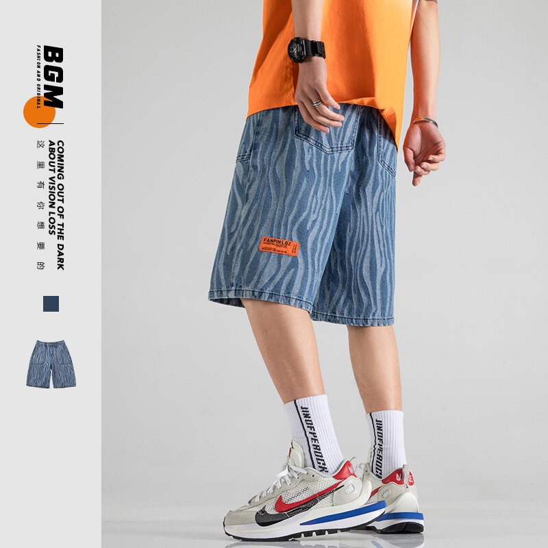 Summer Men Knee Length Denim Trousers Zebra Print Casual Jean Shorts