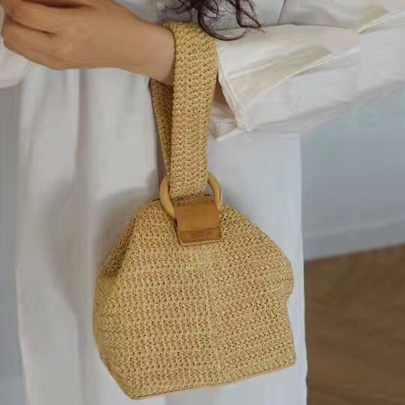 Dame håndtaske enkel stråvævet taske med rundt spænde til shopping