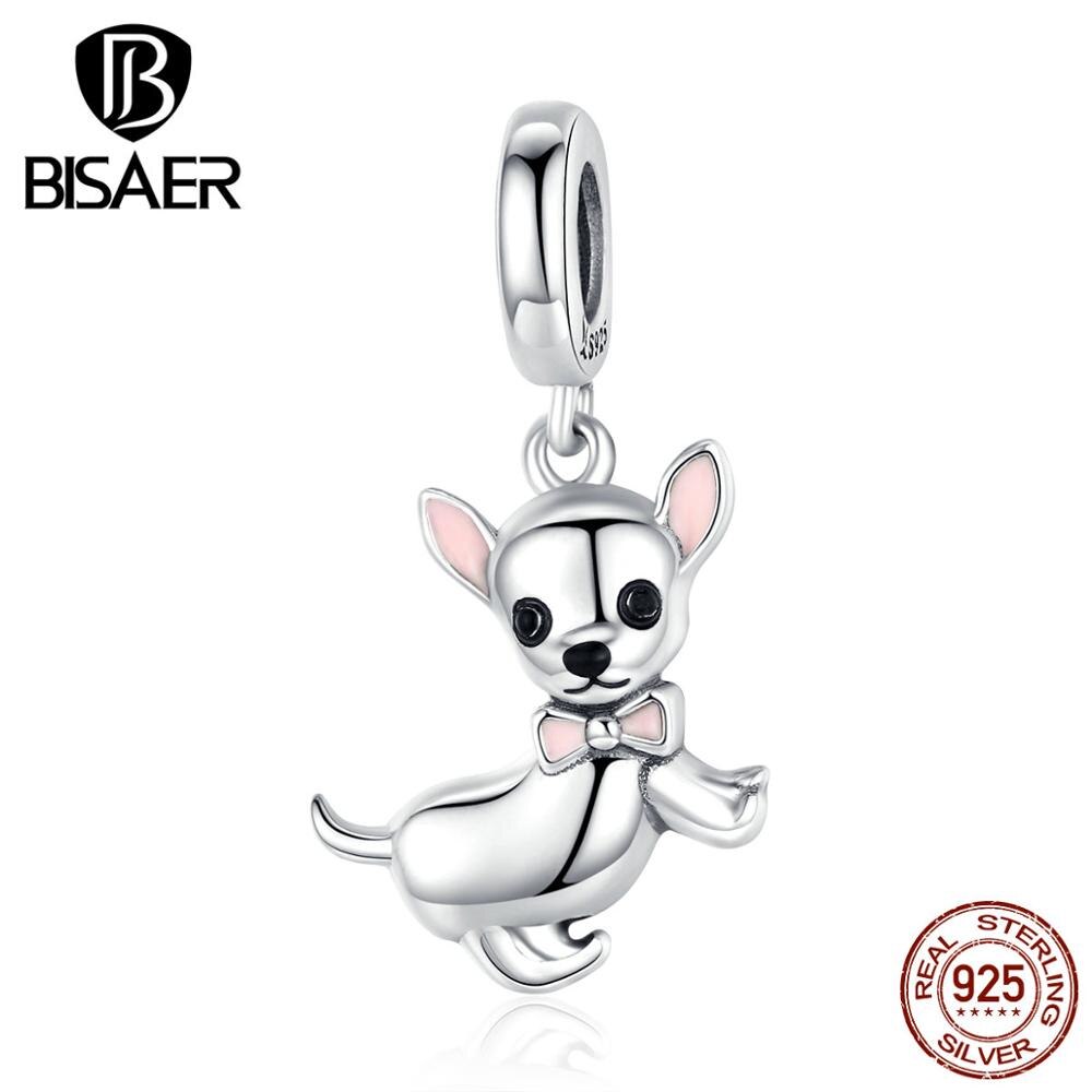 Dog Charms BISAER 925 Sterling Silver Chihuahua Beads Dog Doggy Animal Silver Charms fit for Women Bracelets Silver 925 Jewelry