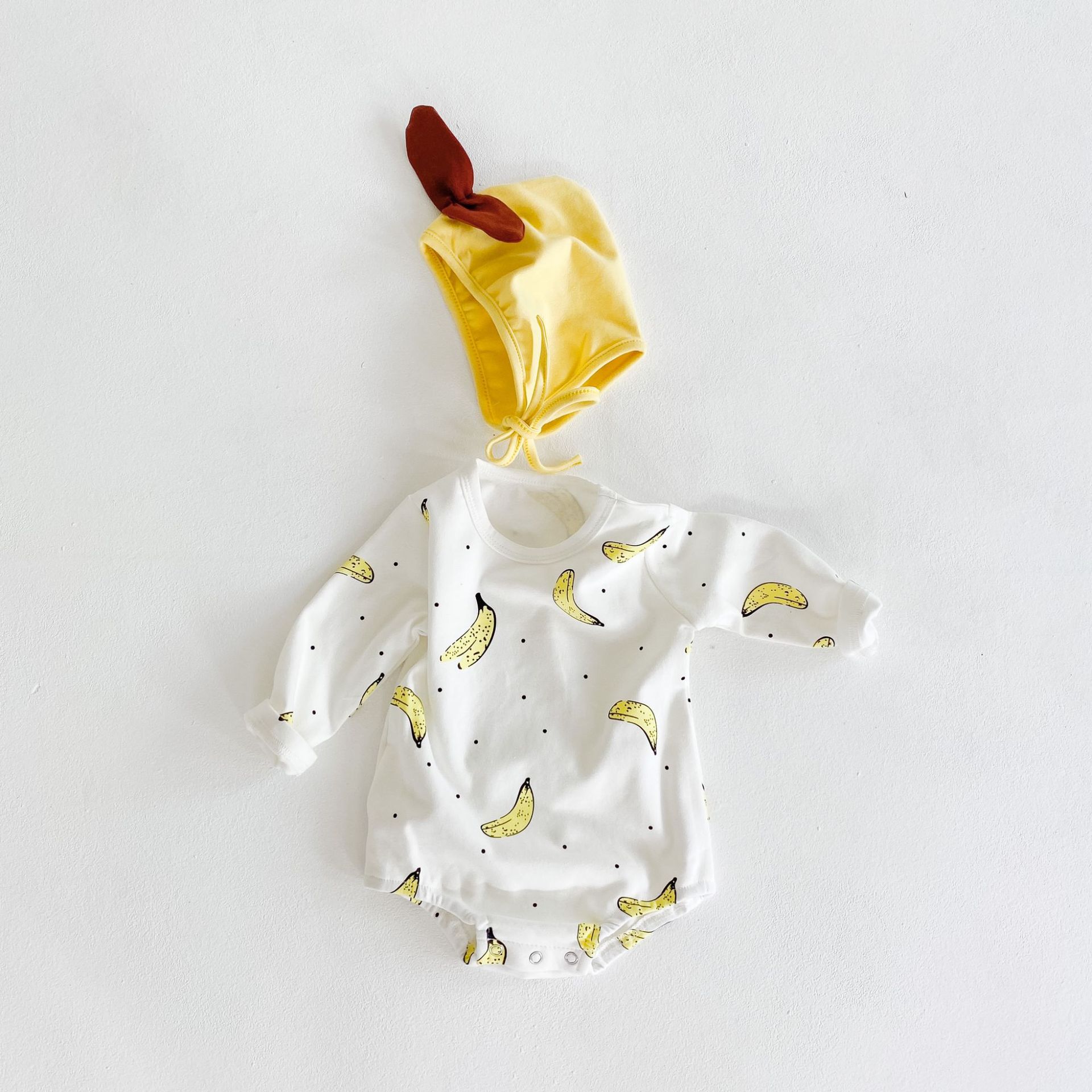Herfst Baby Meisje Bodysuits Jongens En Meisjes Fruit Gedrukt Een Stuk Pak Bodysuit Kruipen Kleding Hoed Baby Meisje kleding: YELLOW / 9m