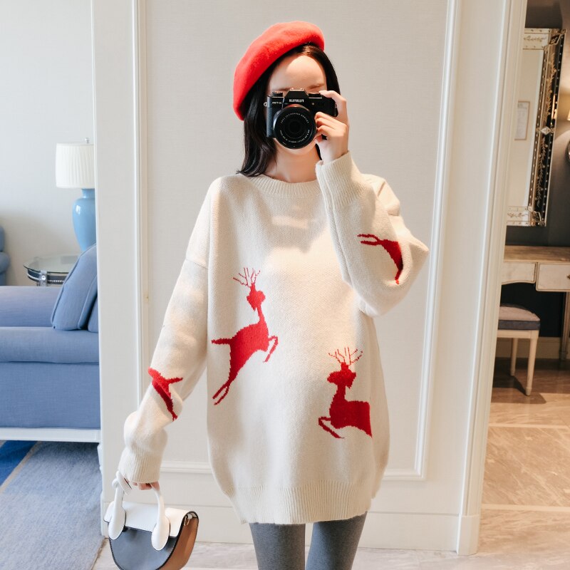 6001#  julehjortstrikkede gravidgensere høst vinter koreansk pullover klær for gravide løs graviditet: Beige