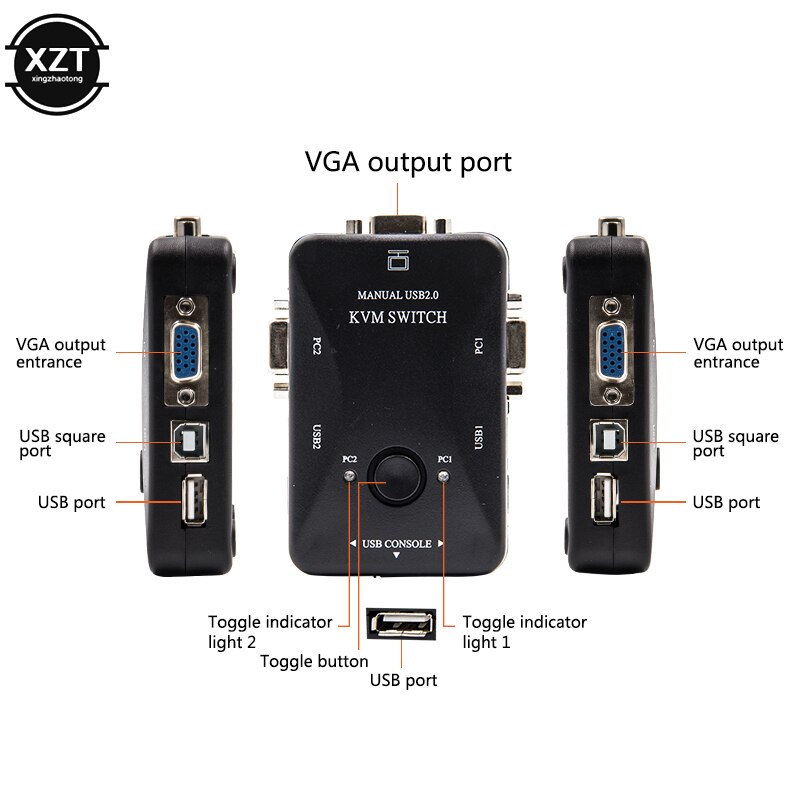 2 Port USB 2.0 KVM Switch Vga SVGA Splitter Box for USB keyboard Mouse Monitor Adapter Usb Printer Switch with Vga+USB Cable