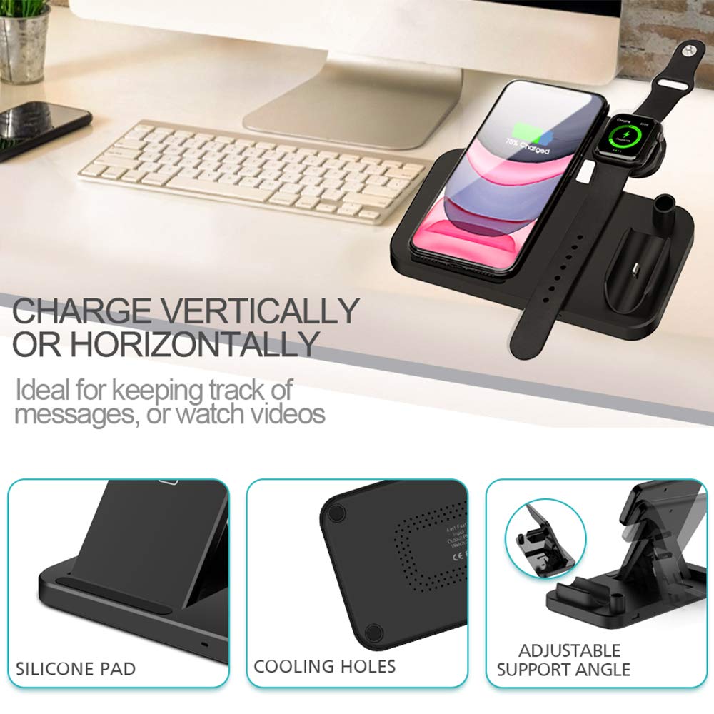 FDGAO 4 en 1 Qi chargeur sans fil 10W Station de chargement rapide pour iPhone 11 Pro XS XR X 8 Plus Apple Watch 5 4 3 2 AirPods Pro