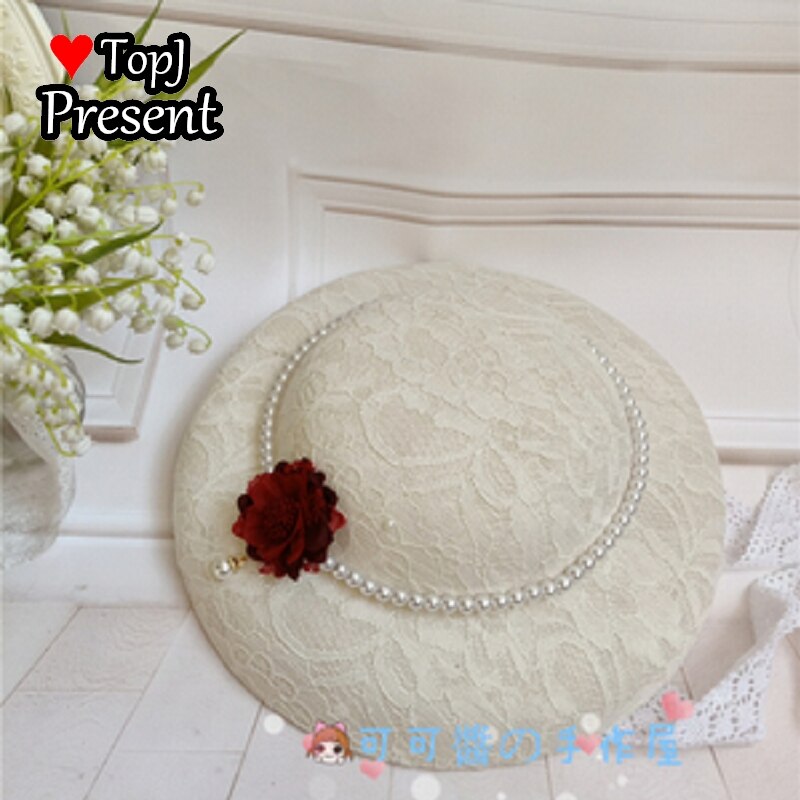 Lolita Hanyang eclectic hat retro linen flat hatGorgeous Hand made hat Ming Hanfu pearl bandage: White 1