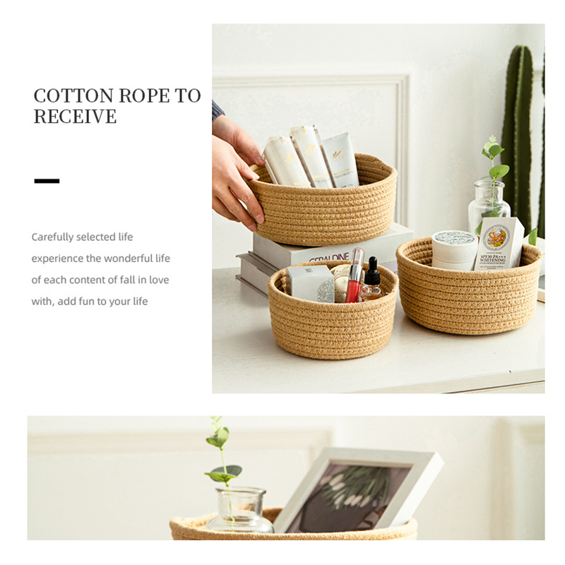 Panier de rangement tissé en fil de coton, boîte de rangement de bijoux de bureau, petit panier télécommandé, conteneur de finition de cosmétiques