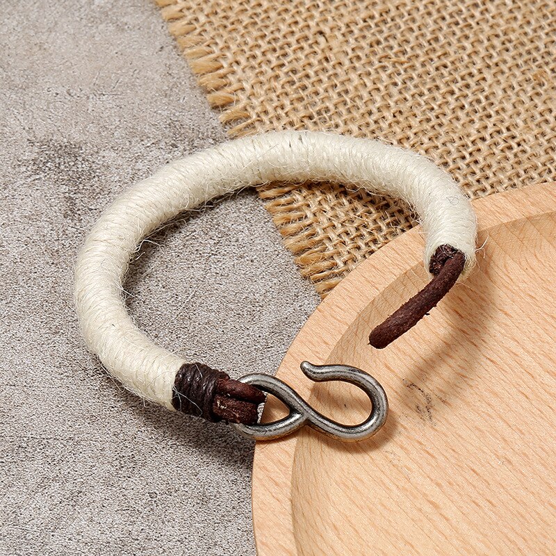 Handmade Leather Bracelet Men Braided Hook Connect Wrap Wristband Trendy Jewelry