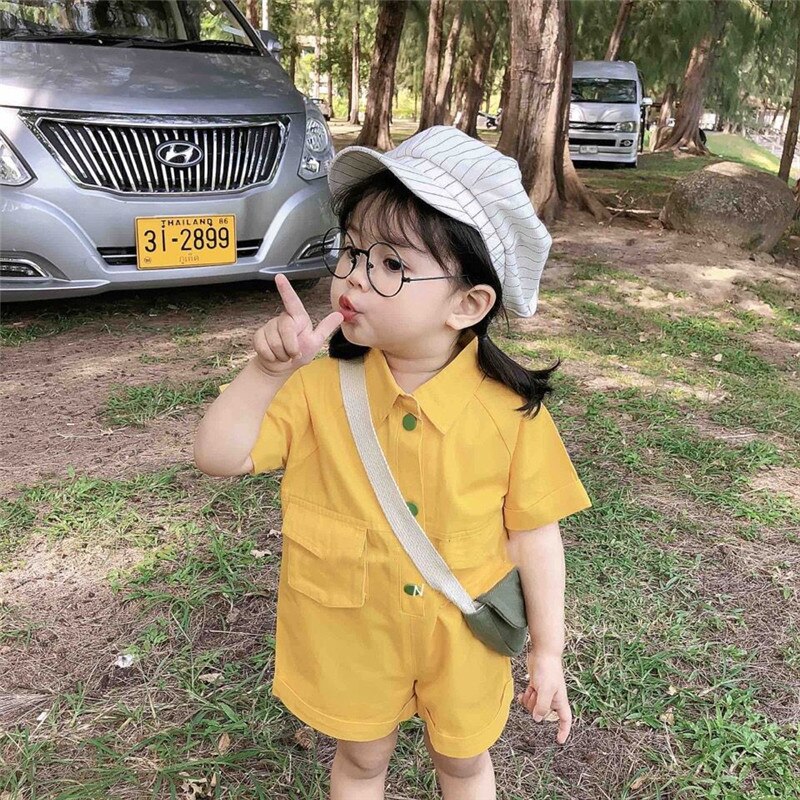 Summer Korean Style Baby Girls Jumpsuits Short Sleeve Pure Color Unisex Children Overalls Kids One-piece Pant