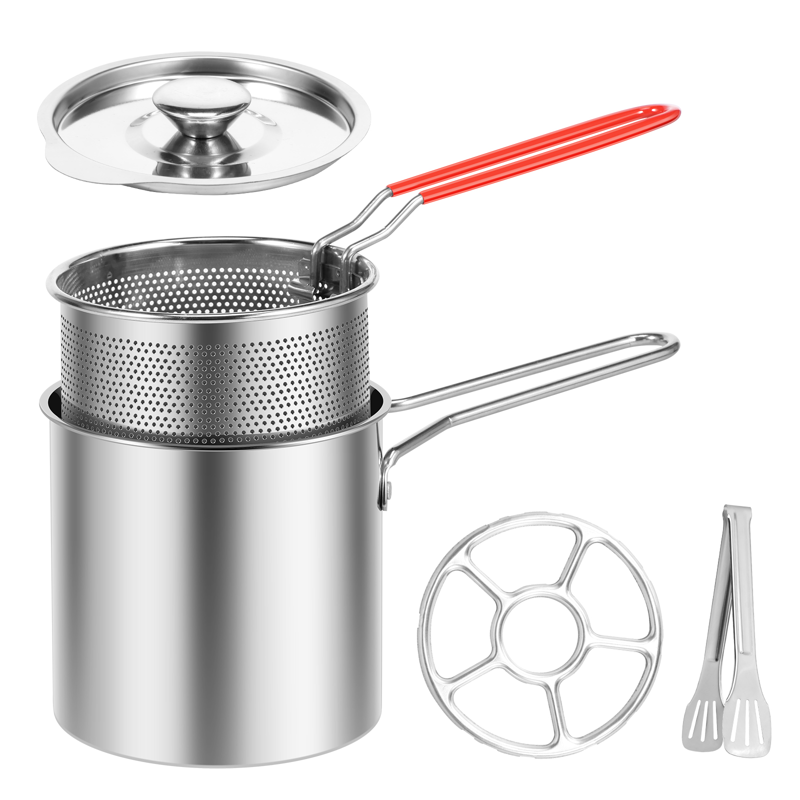 Friteuse en acier inoxydable avec panier et couvercle, passoire à pâtes, marmite jetable pour frites et poisson: Rouge