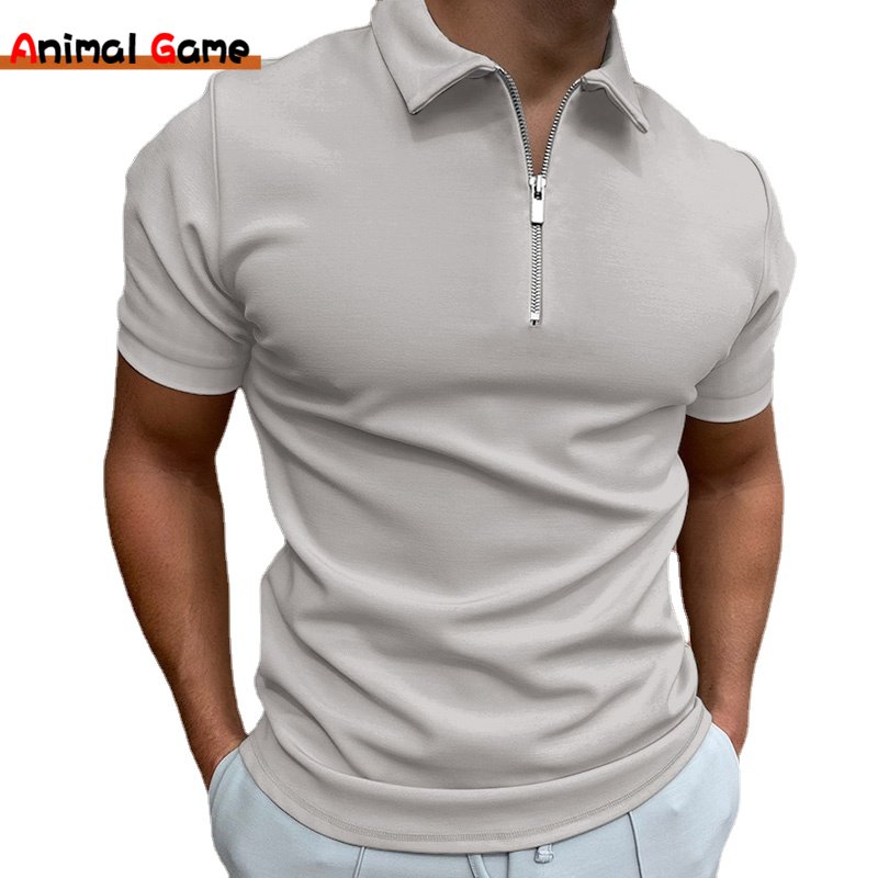 Camisa polo masculina de verão, cor sólida, manga curta, gola virada para baixo, zíper, camisetas e para homens, casual, streetwear, novos tops masculinos