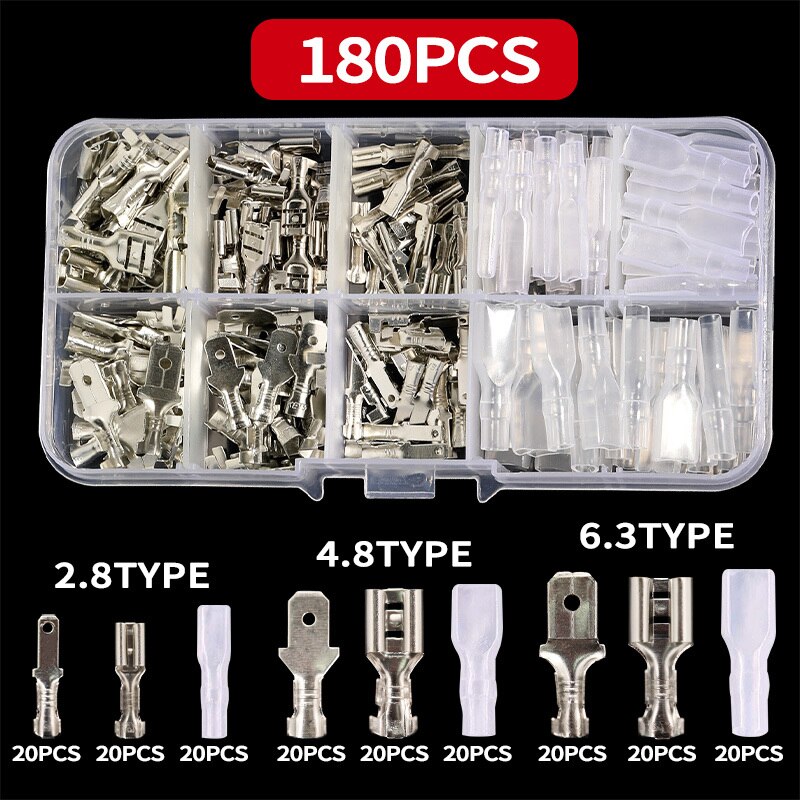 180 Uds 2,8 / 4,8 / 6,3 mm terminales de crimpado de pala conectores de cables eléctricos Kit de manguito aislado terminal macho y hembra de latón: Sliver - 180PCS