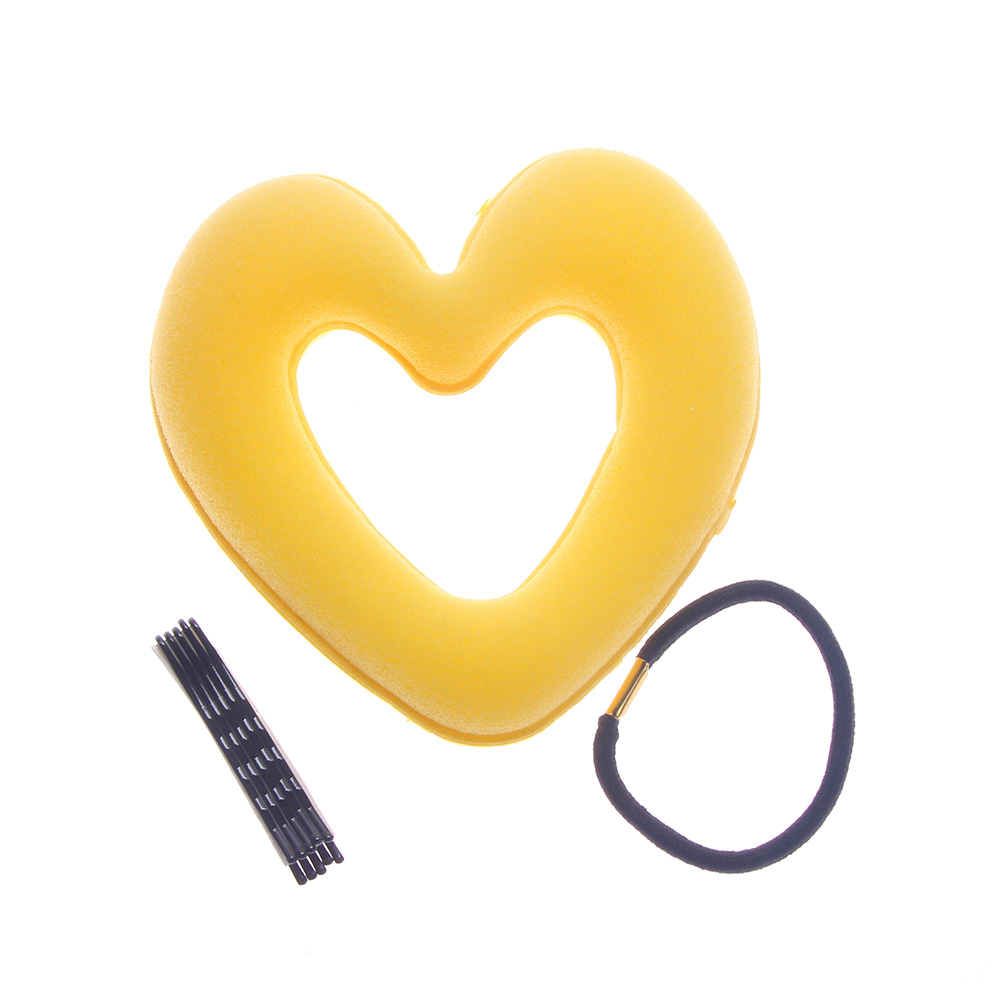 1 Juego de Herramienta de Peinado en forma de corazón para mujer y niña, bandas para pelo para mujer, esponja bráctea, albóndiga de cabeza, anillo de Donut, accesorios para el cabello: yellow