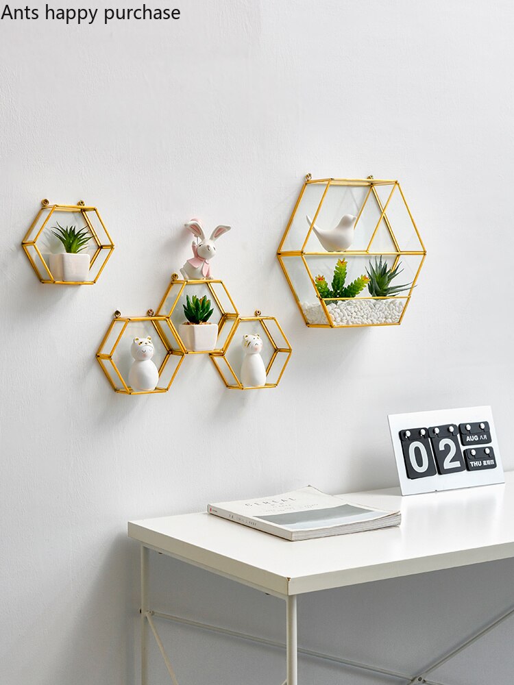 Hexagon metallglas väggmonteringsrum heminredning vardagsrum sovrum modern enkel vägghylla geometrisk hylla