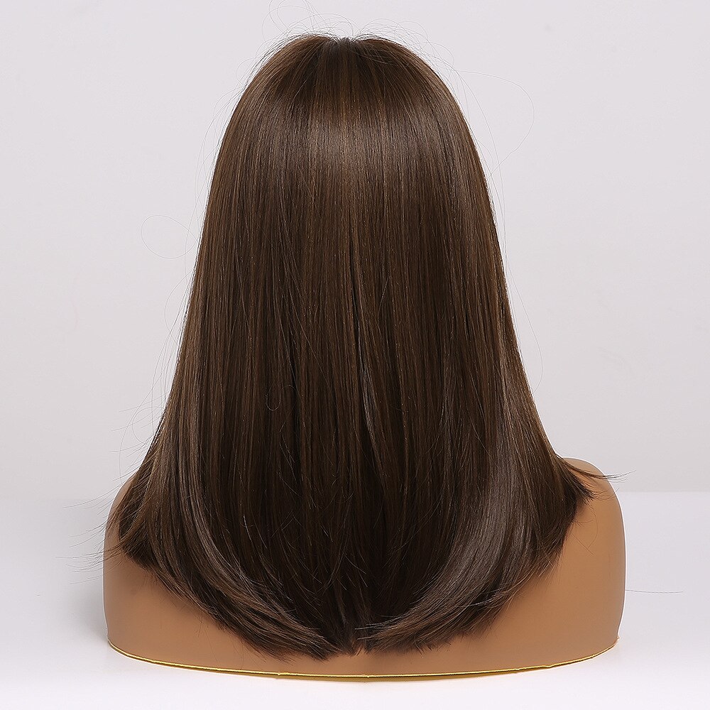 ALAN EATON Medium Bob Straight Hair Wig with Bangs Black Brown Synthetic Wigs with Highlights for Women African American Cosplay