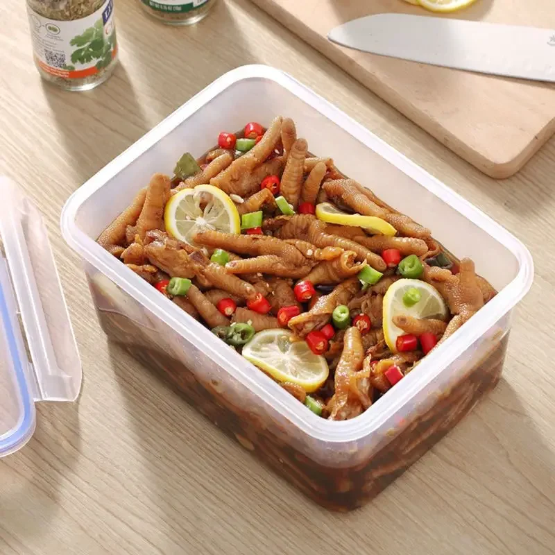 Caja de almacenamiento de refrigerador Rectangular sellada con tapa, fiambrera de plástico calentada por microondas con tapa