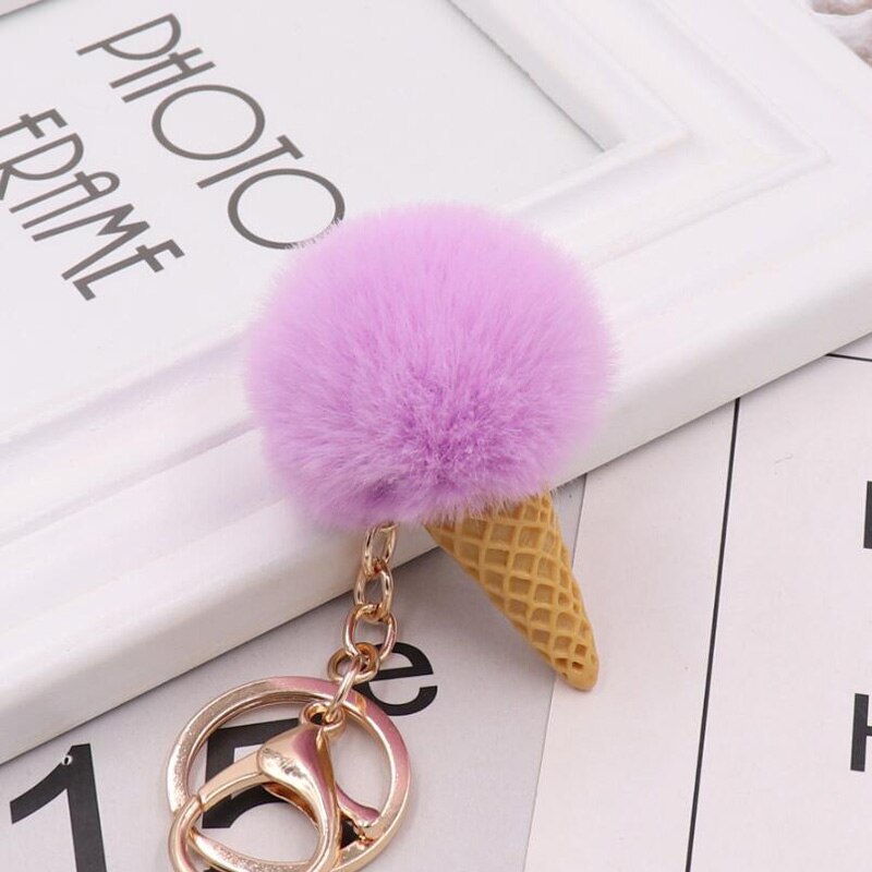Cute ice cream Keychain Glitter Pompom Key Chain for Women Llaveros Mujer Car Bag Accessories Key Ring Wedding Souvenir: Light purple