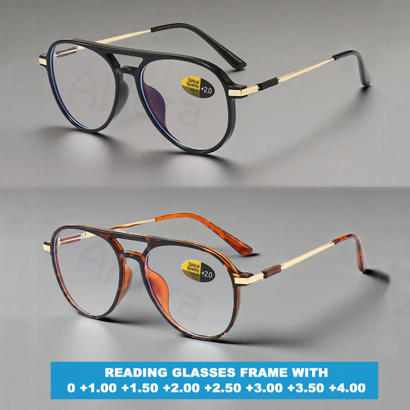 Vintage leesbril met dubbele lichtbundel, unisex, geschikt voor verziendheid en presbyopie (ouderdomsverziendheid), montuur met anti-blauwlichtfilter, 0 +100 ~ +400