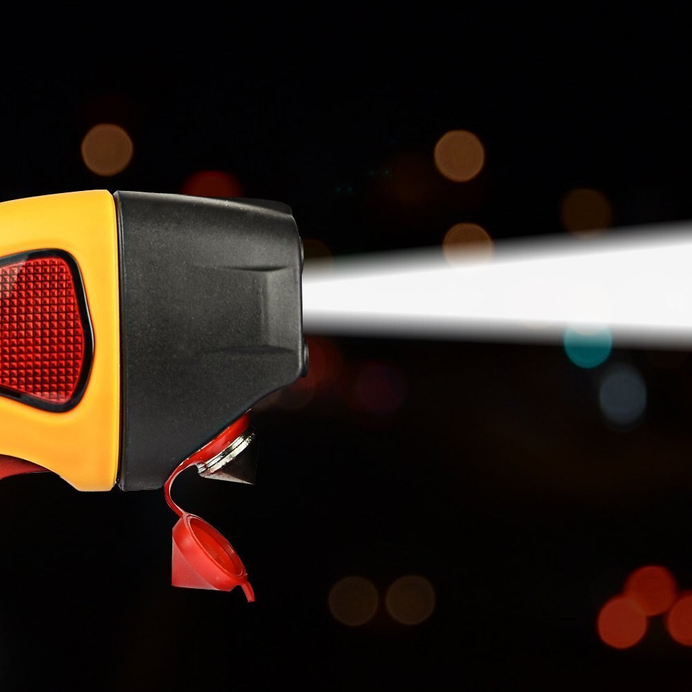 Waterproof Emergency Crank Flashlight with Wind Up Rechargeable LED lights, Window Breaker, Seatbelt Cutter, Red Light Flasher