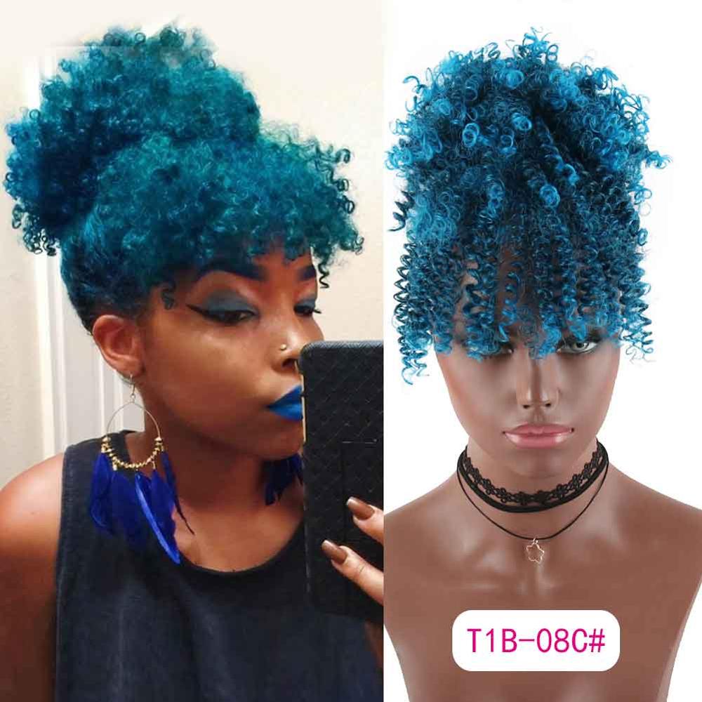 Hestehale puffeklip med højt hår i hårstykke afro kinky krøllet syntetisk snørehestehale med pandehår extensions: T1b 08c