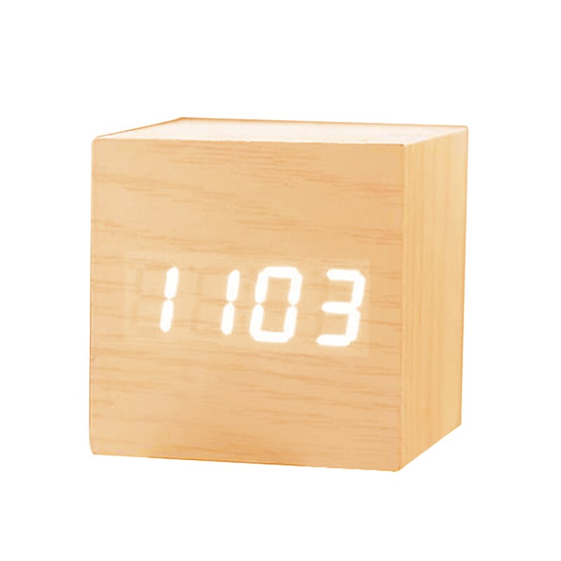 Led Houten Tafel Klok Desktop Vierkante Usb/Aaa Powerd Digitale Display Voice Control Snooze Elektronische Wekker Oogbescherming: 003