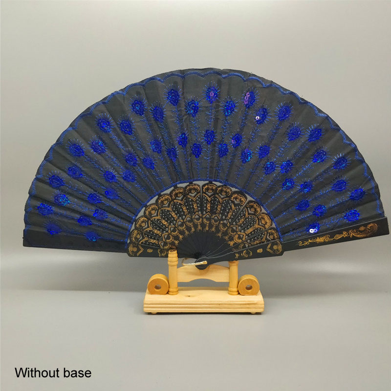 Art Folding Tail Feather Plastic Bone Sequins Carved Hand Fan Summer Accessory Crafts Print Home Decor Embroidery: black royal blue