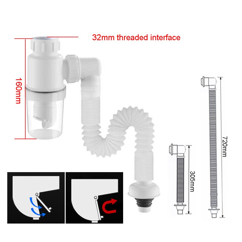 Universal Bathroom Drain Hose 32/45mm Threaded Interface Wash Basin Telescopic Bellows Kitchen Sink Sewer Anti Odor Accessories: 32mm