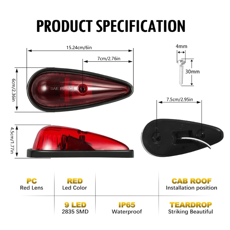 5Pcs Cab Lights Teardrop Cab Lights Waterproof Truck Cab Marker Lights 9 LEDs Roof Running Top Marker Lights