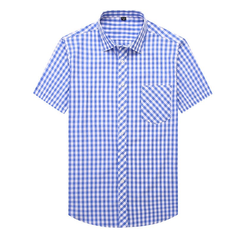 Summer Short Sleeve blue Plaid Shirts Men Casual Shirts square collar loose fit Shirts with front pocket 100% cotton