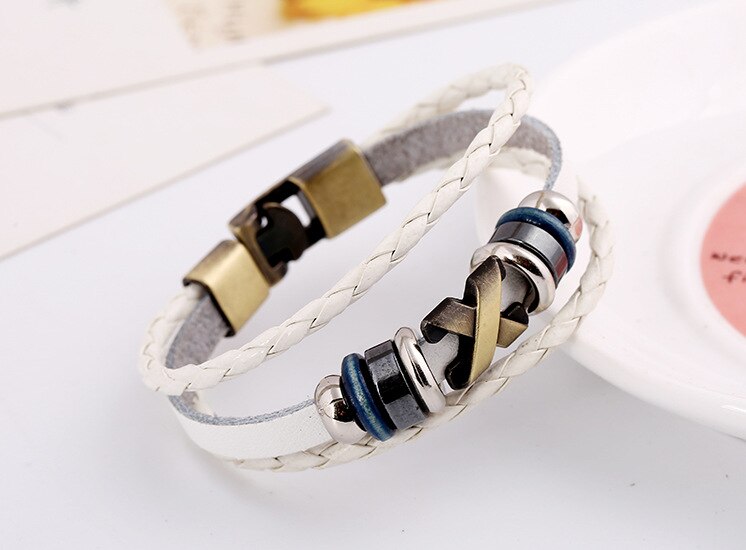 NADEEM Cross Charm Brown Leather Bracelet Men Male Vintage Punk Cross Charm Cuff Bracelet Bangle Jewelry Pulse: DK028white