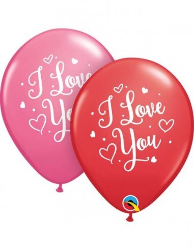 Ballon I Love U Harten Script Ronde 28cm Rood en Roze