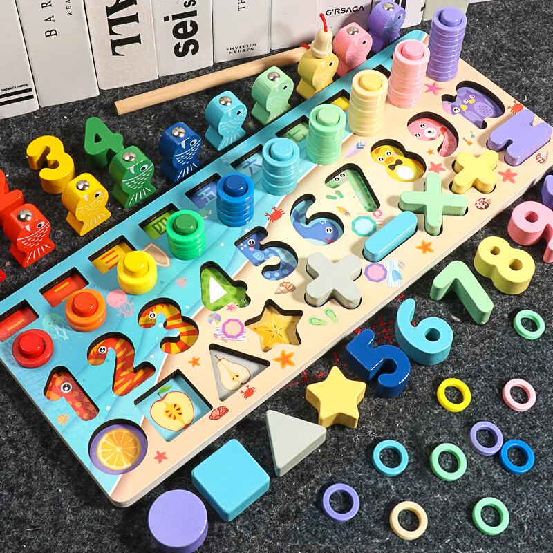 Montessori Educational Wooden Toys For kids Board Math Fishing Count Numbers Matching Digital Shape Match Early Education Toy