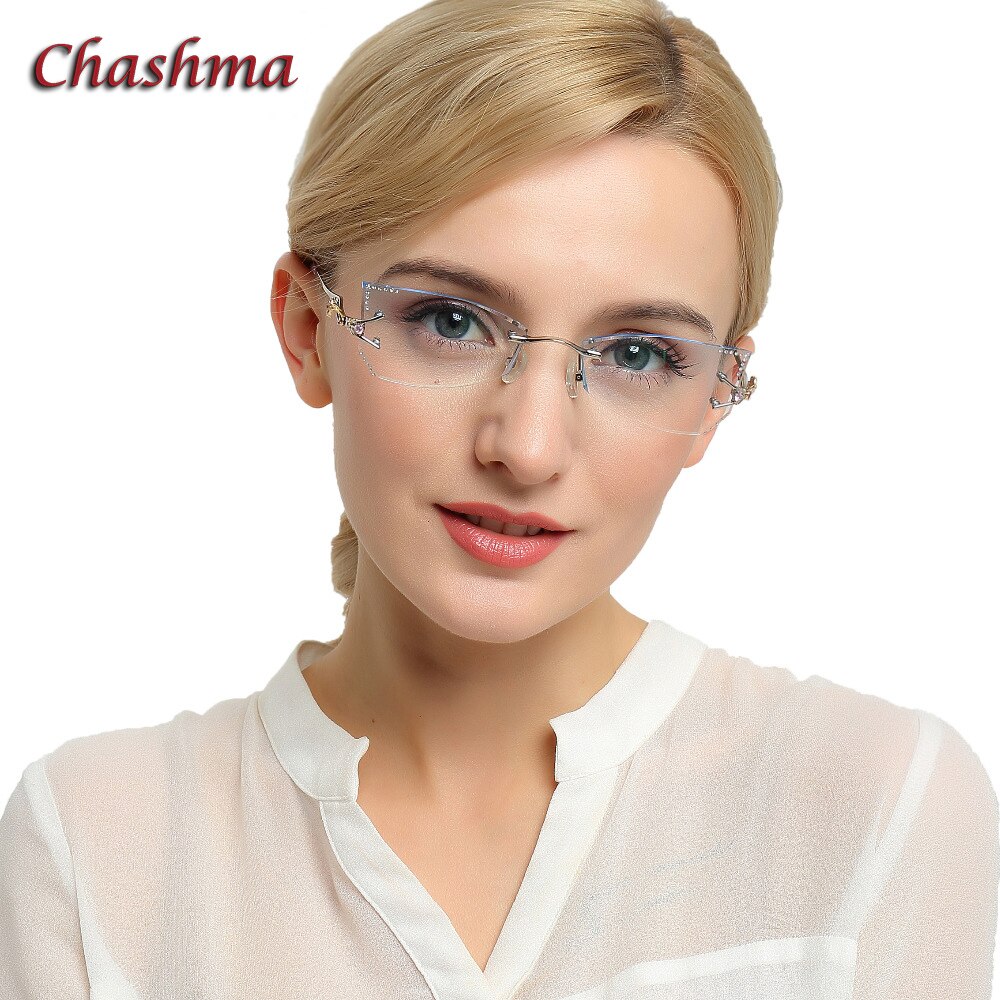 Chashma Brand Tint Lenses Sunglasses Titanium Eyewear Female Diamond Crystal Trimmed Glasses Frame Cat Eye Rimless Glasses Woman