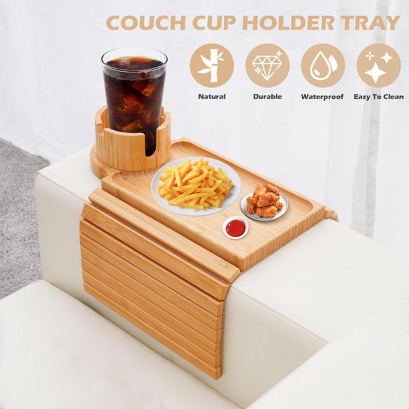 Soffa mugghållare bricka mugghållare för soffa sidobord i trä fällbar träsoffa armstöd bricka för dryck snacks fjärrkontroll telefon