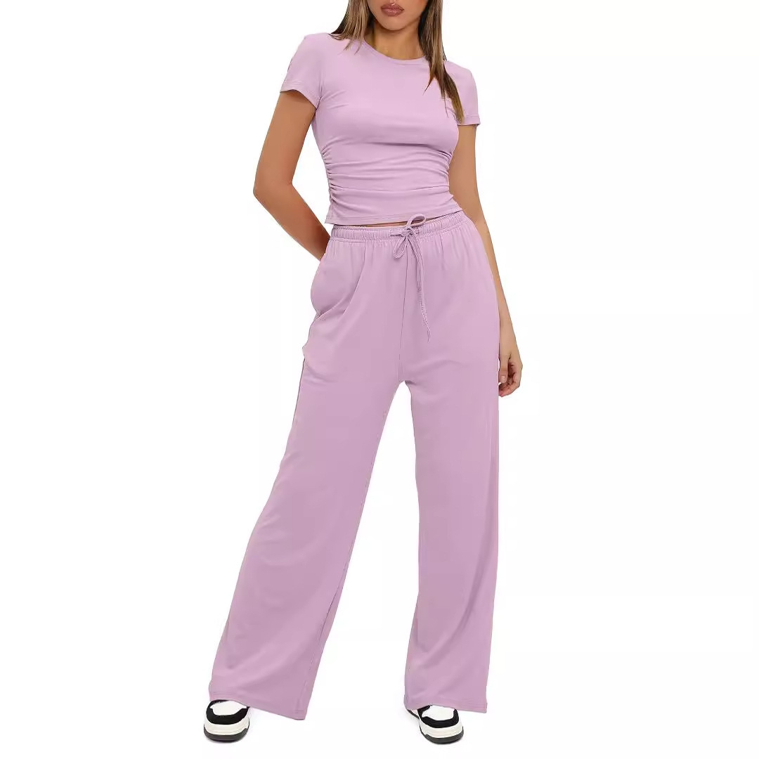 Conjunto de dos piezas para mujer, camiseta y pantalones de pierna ancha, manga corta, cintura alta, sólido, multicolor, deportivo, Yoga, chándal informal