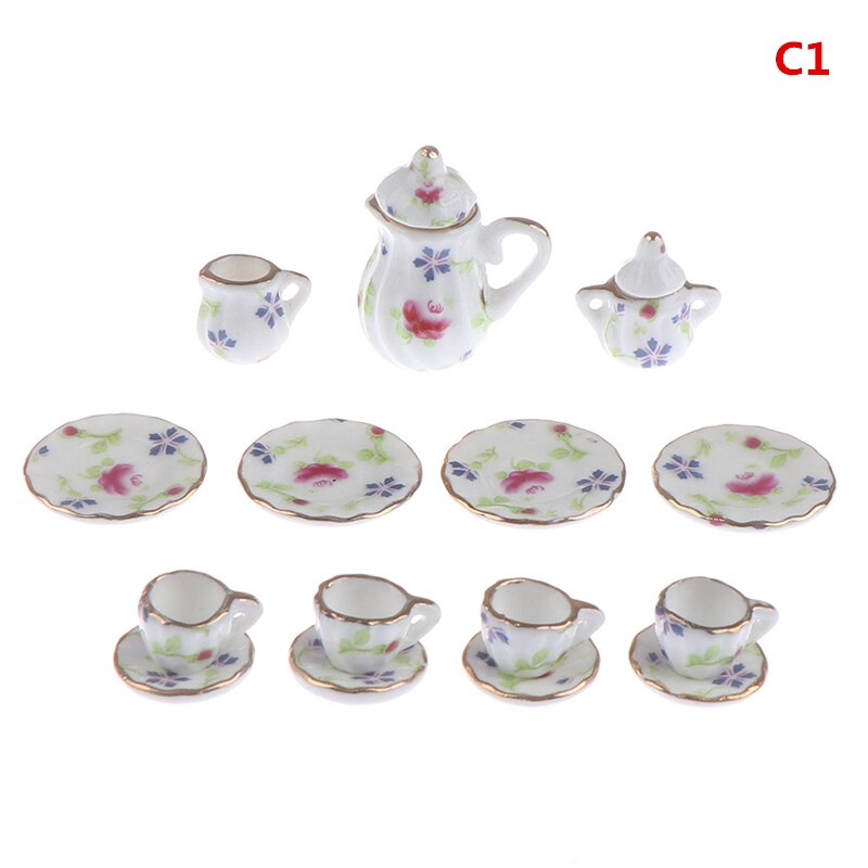 15Pcs 1/12 Doll house Miniature Blue Flower Patten Porcelain Coffee Tea Cups Ceramic Tableware Kitchen Accessories: C 1