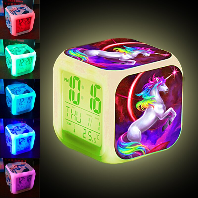 Unicorn Kids Alarm Clock 7 Colors LED Night light Wake Up Clock with Thermometer Snooze будильник Home Desk Decor Christmas