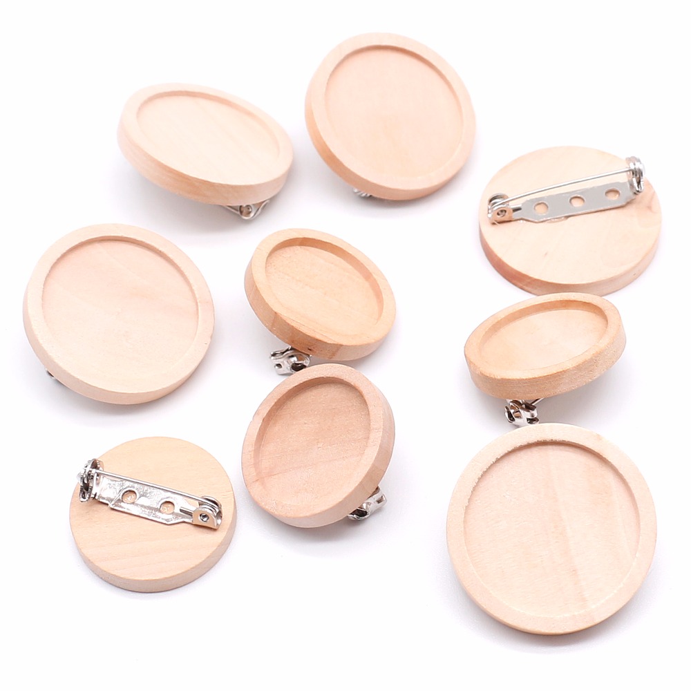 10 unids/lote de broches de cabujón de madera en blanco, ajustes de Base, 20 25 30 40mm de diámetro, bandeja de bisel redondo, broches Diy, respaldos de Pin para fabricación de joyas