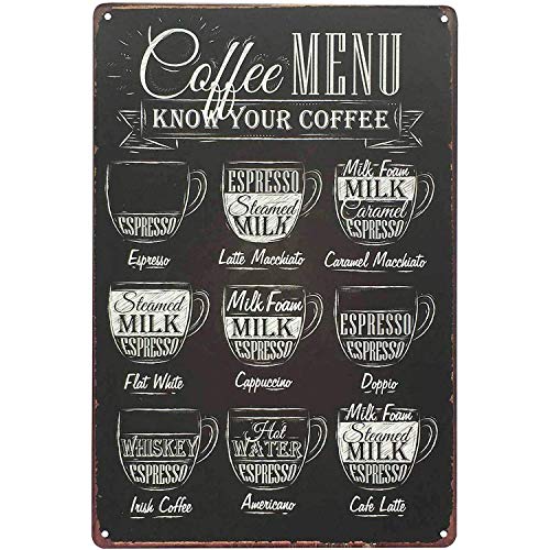 Funny Coffee Signs, Coffee Menu Know Your Coffee Vintage Retro Metal Coffee Signs Home Decor Metal Painting Tin Sign Wall: Black